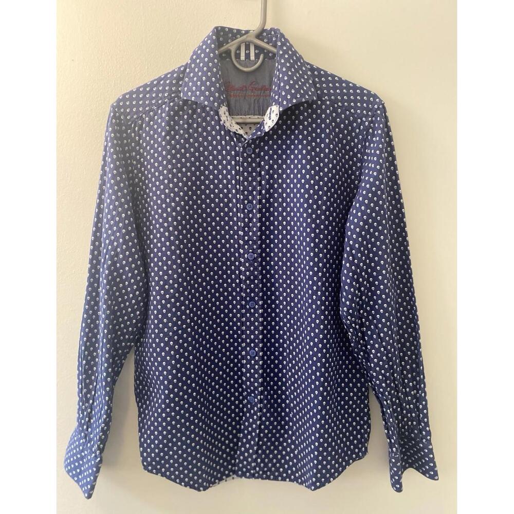 Robert Graham Men's Size S Skull Head Print Blue And White LS Button